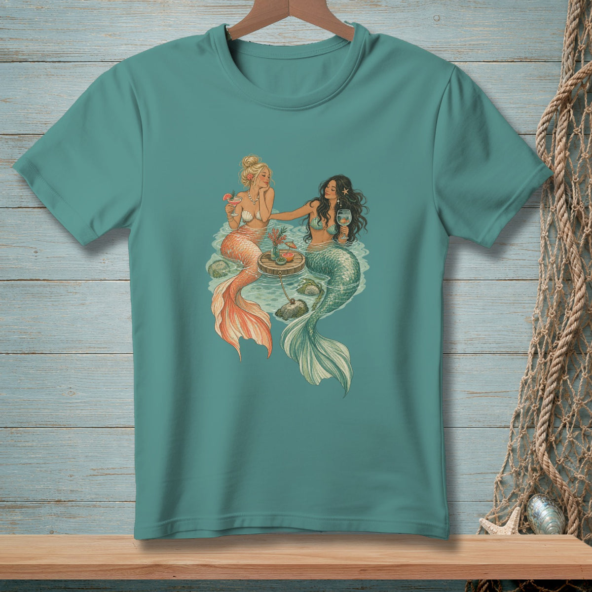 Two mermaids with tails enjoy drinks in the water on a round wooden tray.