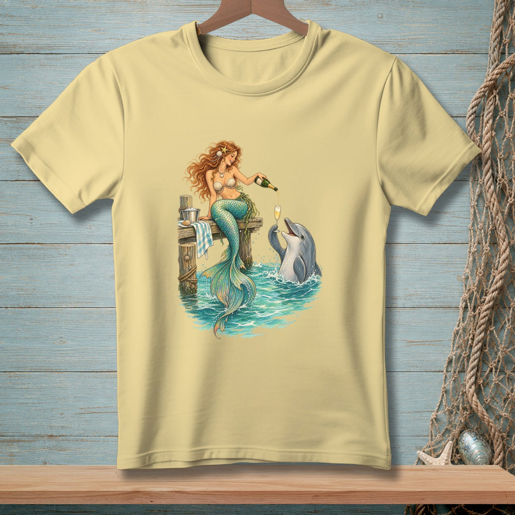 Mermaid pouring champagne for a dolphin by a wooden dock.