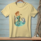 Mermaid pouring champagne for a dolphin by a wooden dock.