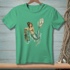 Mermaid leans on dock ladder near sign reading "Proper Footwear Required".