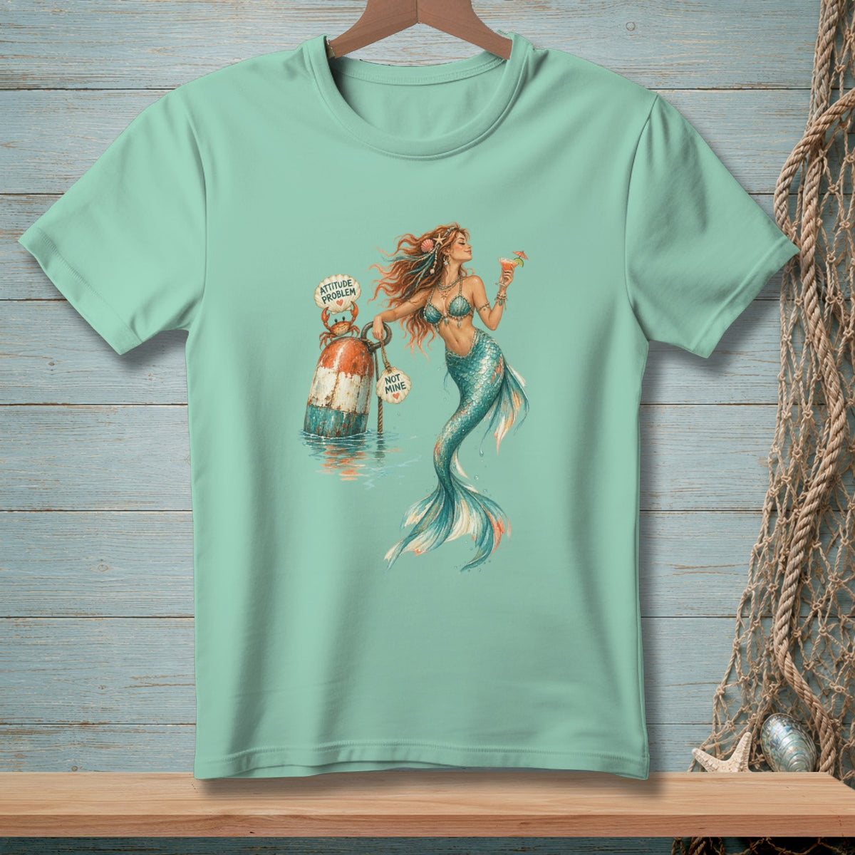 Mermaid with a drink and a crab on a buoy with "Attitude Problem" and "Not Mine" text.