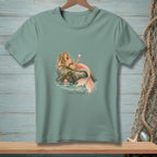 T-shirt graphic of a mermaid relaxing on a rock with a glass and "Plans Changed." text.