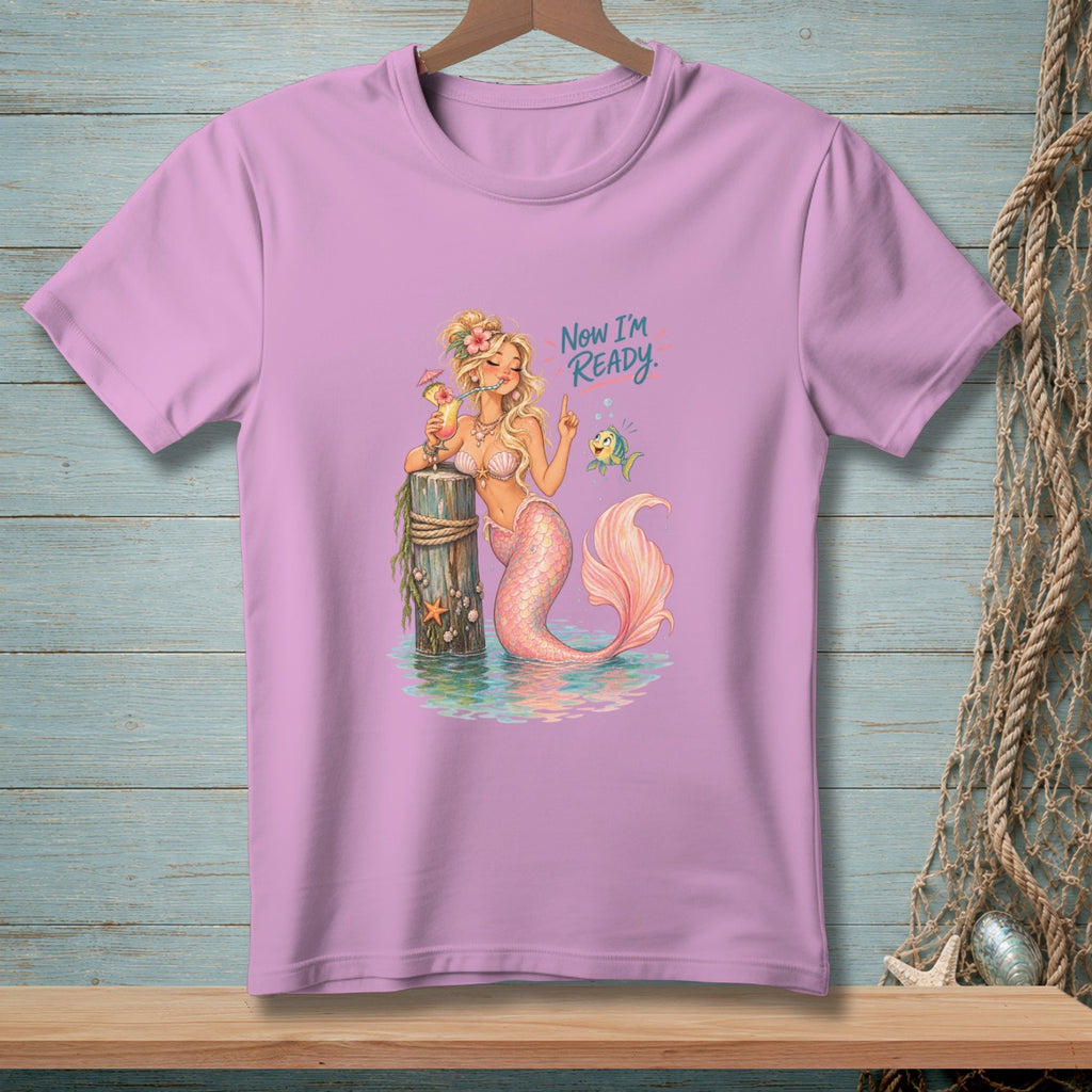 Pink t-shirt with mermaid graphic and text "Now I'm READY."