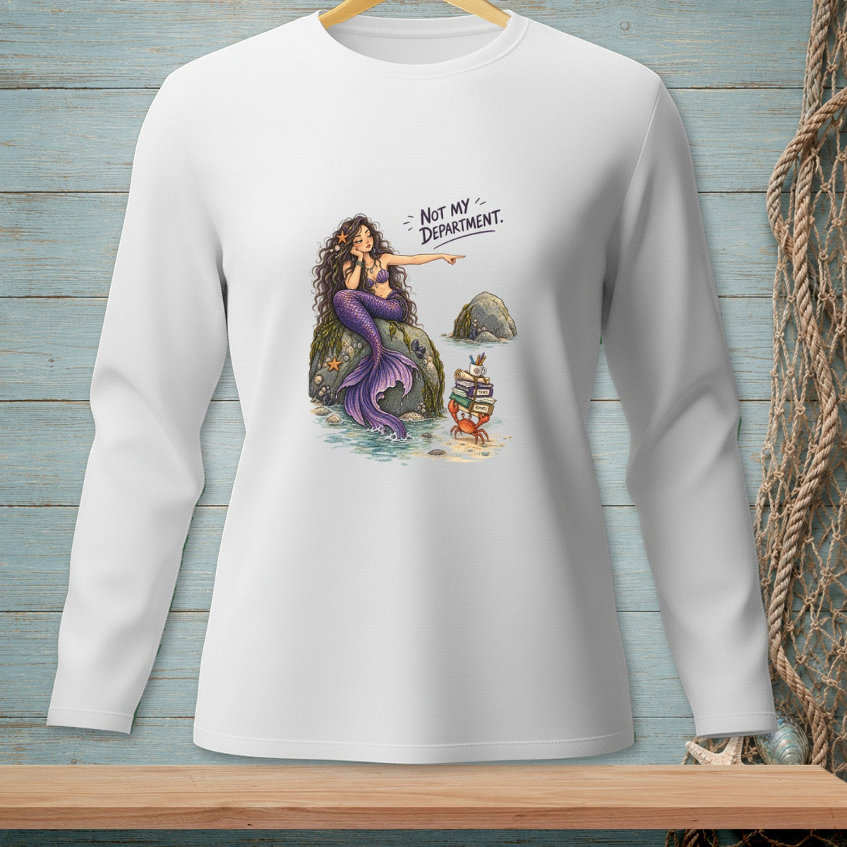 Mermaid on rock pointing at crab with books under text "NOT MY DEPARTMENT."