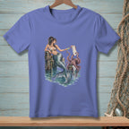 Mermaid holding drink, octopus reading "To Do" list, on dock pilings in water.