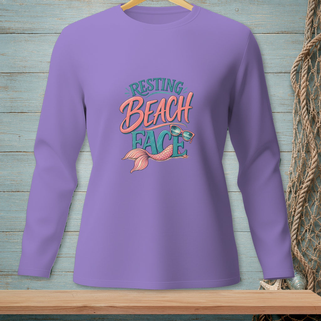 Long sleeve shirt with "Resting Beach Face" text, sunglasses, and mermaid tail graphic.