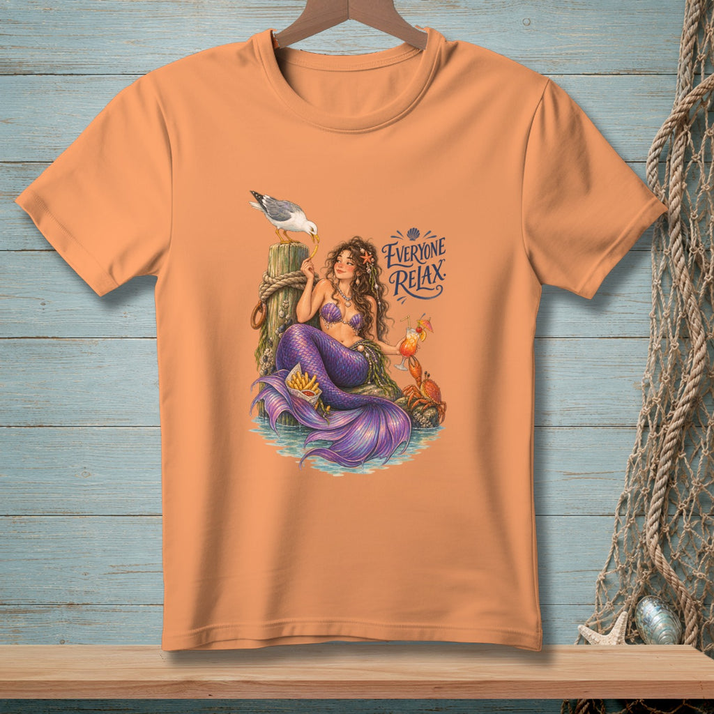 Mermaid with crab, drinks, and fries, with text "Everyone Relax."