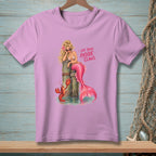 Pink t-shirt graphic: mermaid on post, lobster in water, with text "USE YOUR INSIDE CLAWS."