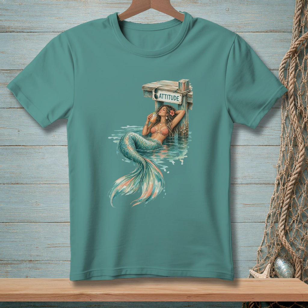 Mermaid with "ATTITUDE" sign and drink, resting on a dock post.