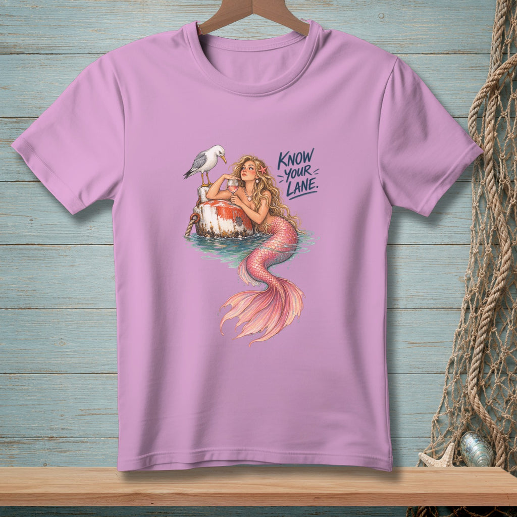 Pink t-shirt with a mermaid and seagull graphic that reads "KNOW YOUR LANE."