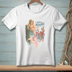 White t-shirt with a mermaid and octopus holding rum, text "Skip the Middleman".