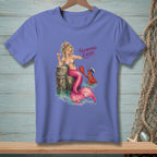 Mermaid with pink tail holding a cocktail and a lobster in sailor outfit.