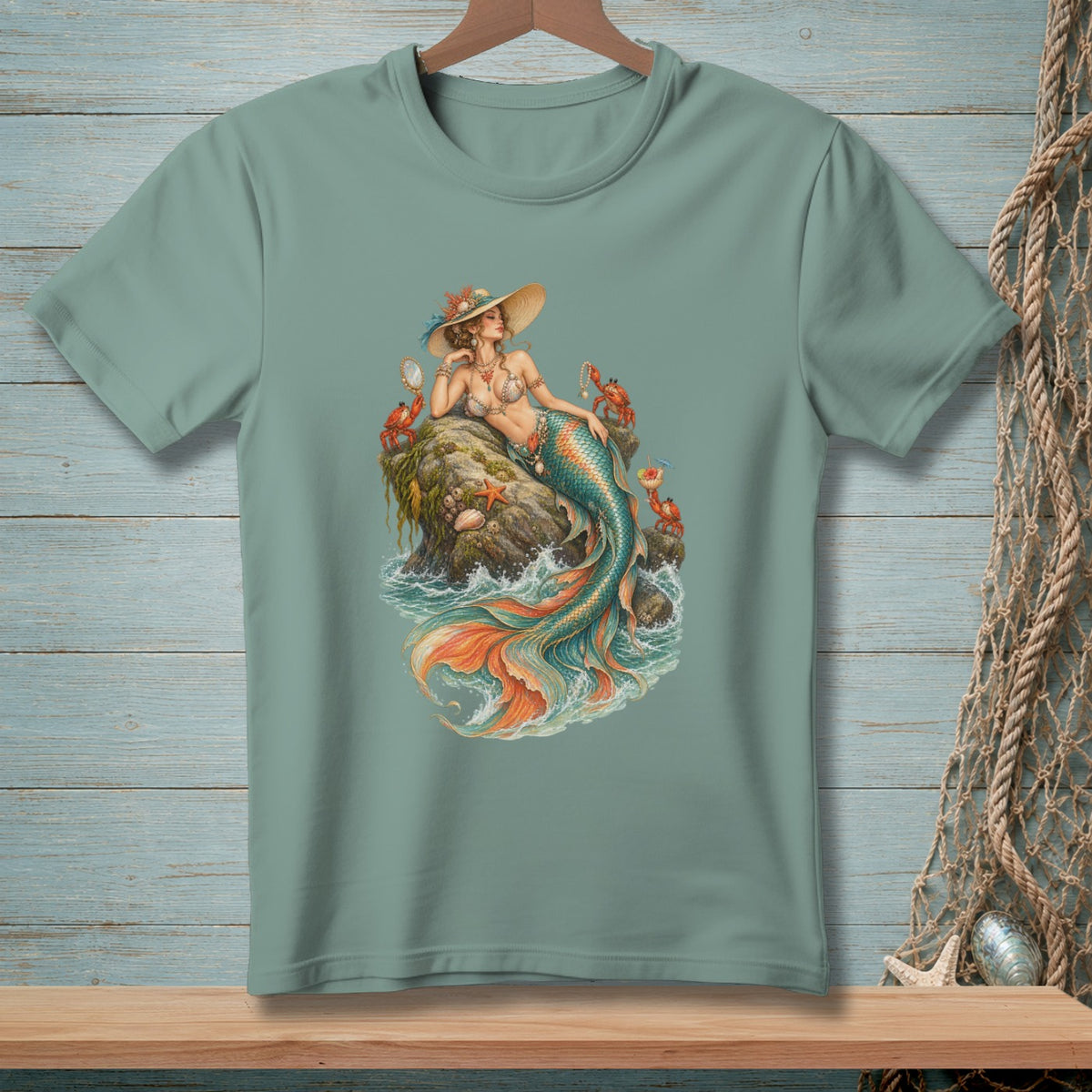 Mermaid with crabs and starfish on a rock, set in water.
