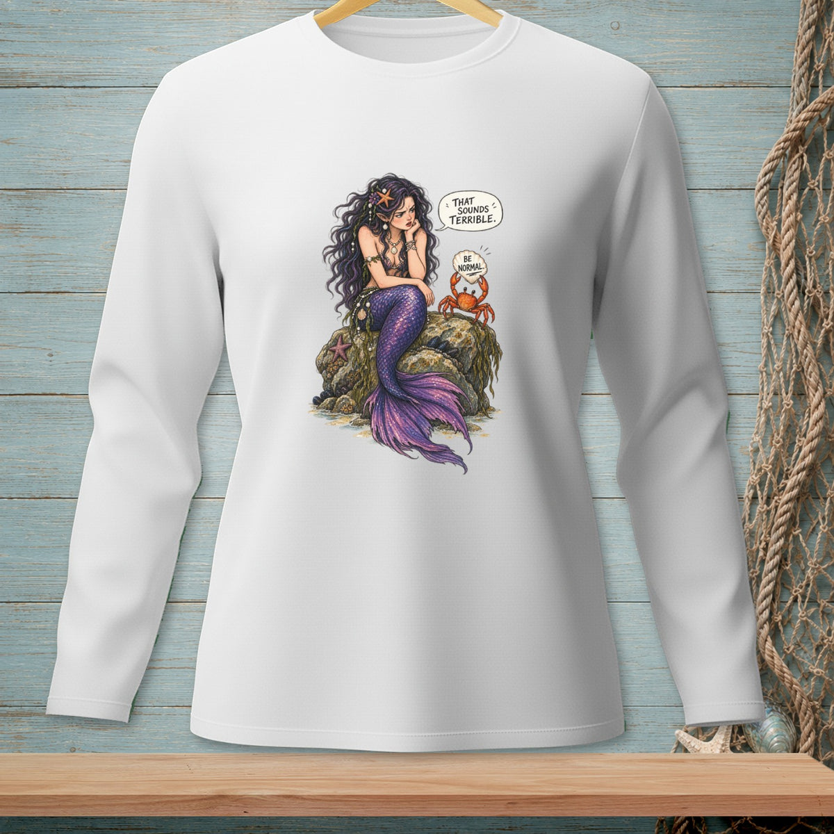 Mermaid and crab with speech bubbles, "That sounds terrible. Be normal."