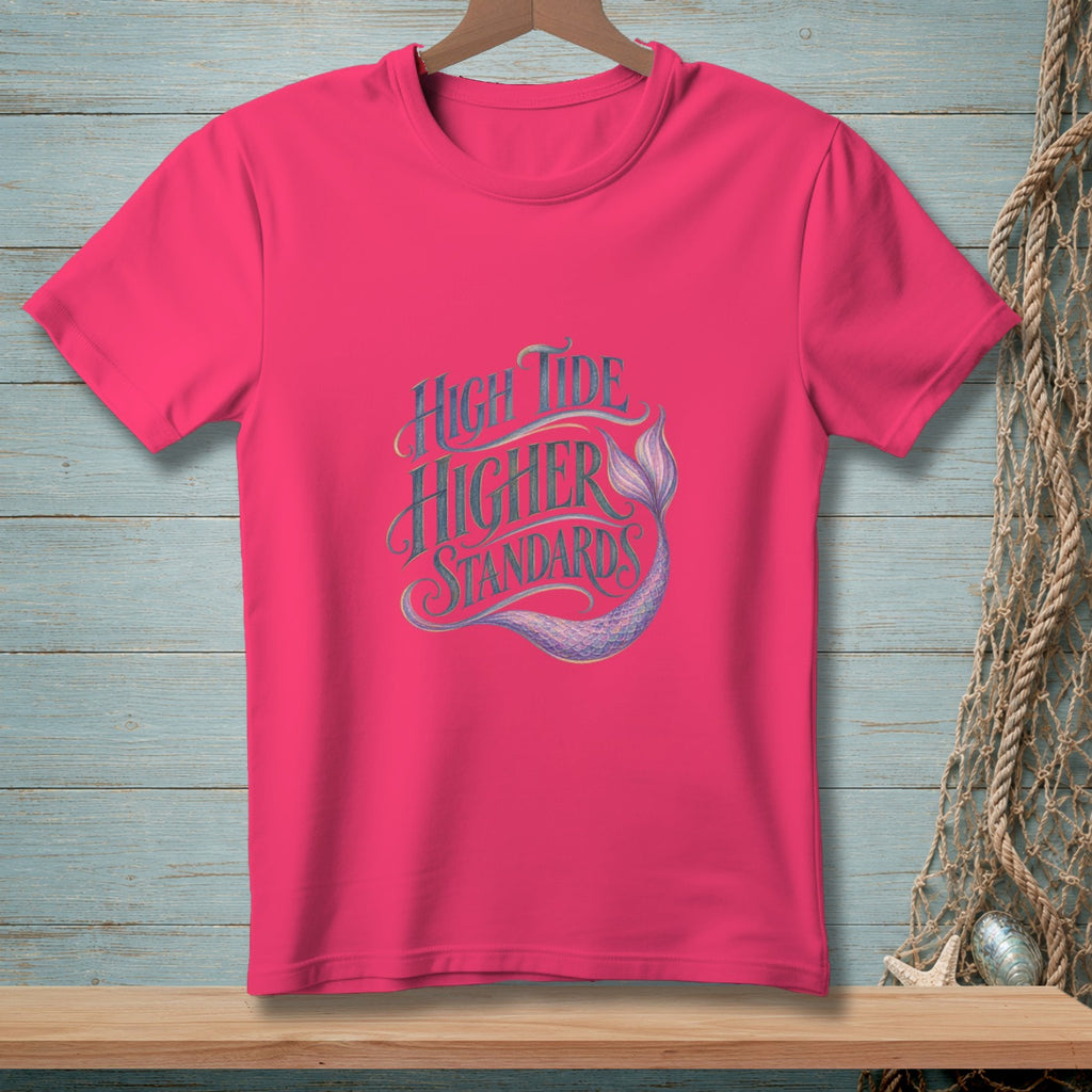 Pink t-shirt with "High Tide Higher Standards" and a mermaid tail design.