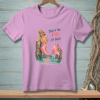 Pink t-shirt with a mermaid graphic and text that reads "Talk to the Fin. I'm Busy."