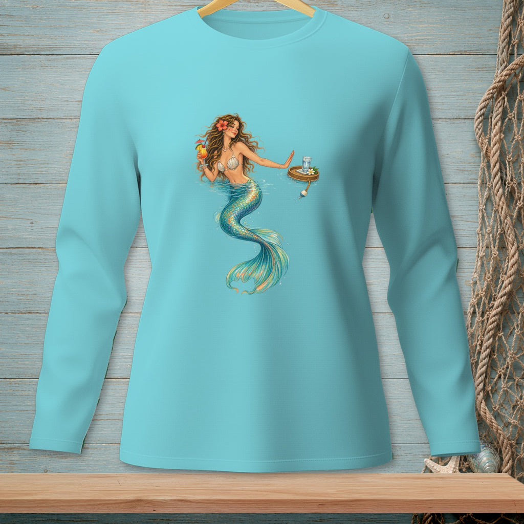 Aqua long-sleeve shirt featuring a mermaid holding a drink and a glass on a floating tray.