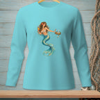 Aqua long-sleeve shirt featuring a mermaid holding a drink and a glass on a floating tray.