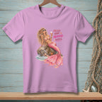 Pink t-shirt with a mermaid graphic that reads "Messy Hair Mermaid Rules."