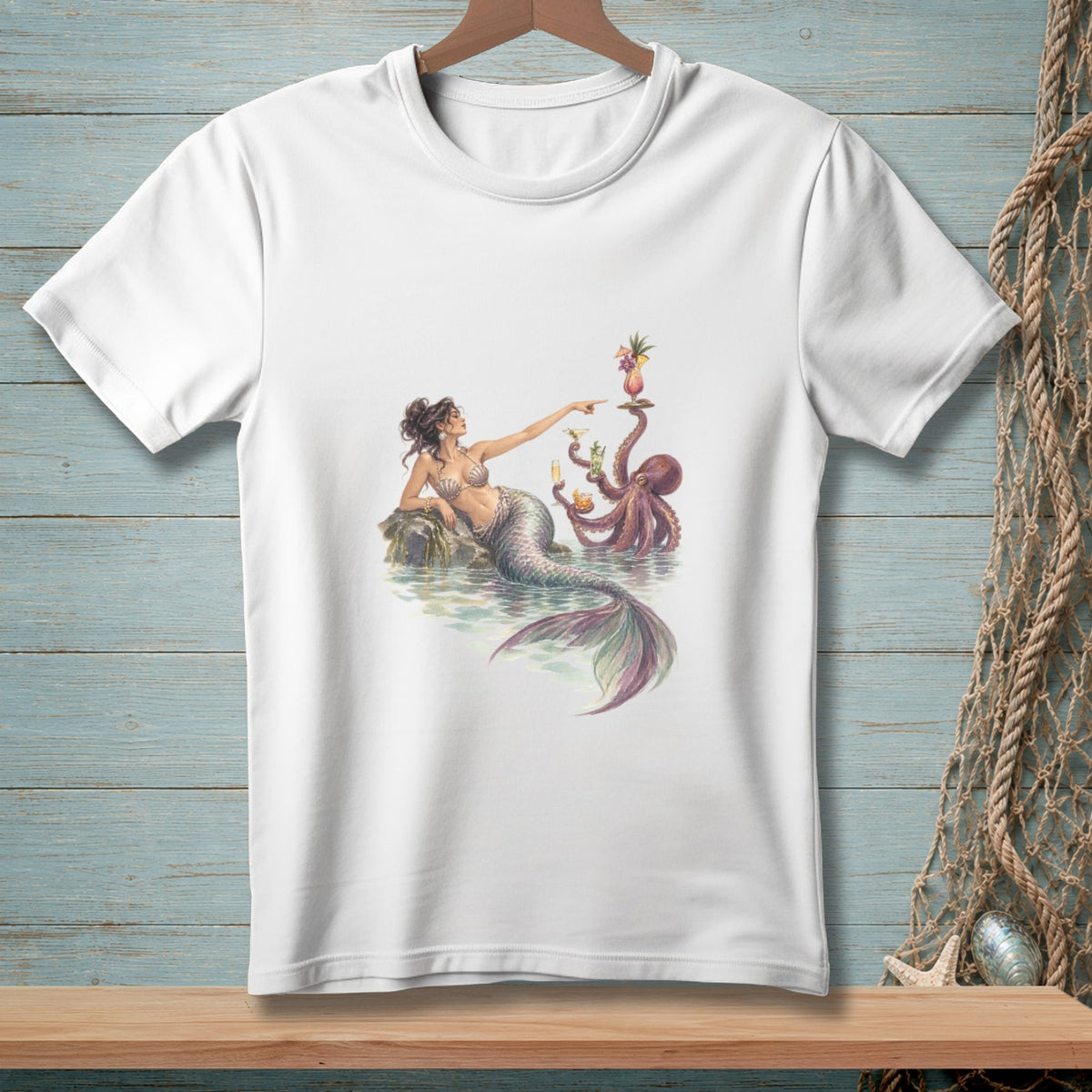Mermaid and octopus with cocktails on a white t-shirt.
