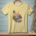 Mermaid with cucumber eyes relaxing on rocks, holding a drink.