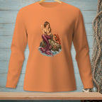 Mermaid with lobster and champagne on a rock, graphic on an orange long-sleeve shirt.