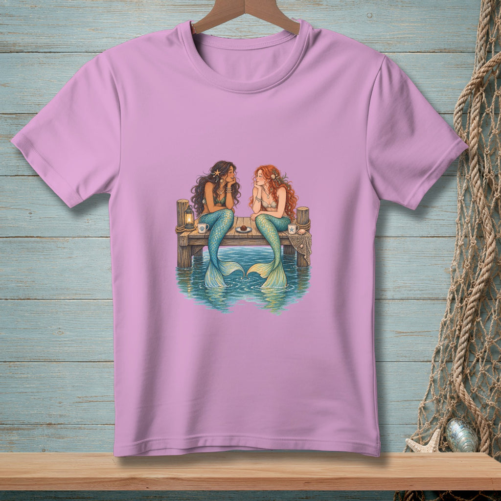 Two mermaids sit on a dock, talking, with the ocean below them.