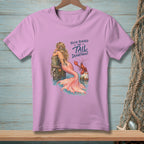 Pink t-shirt graphic of a mermaid and lobster with text "You've reached the Tail Department."