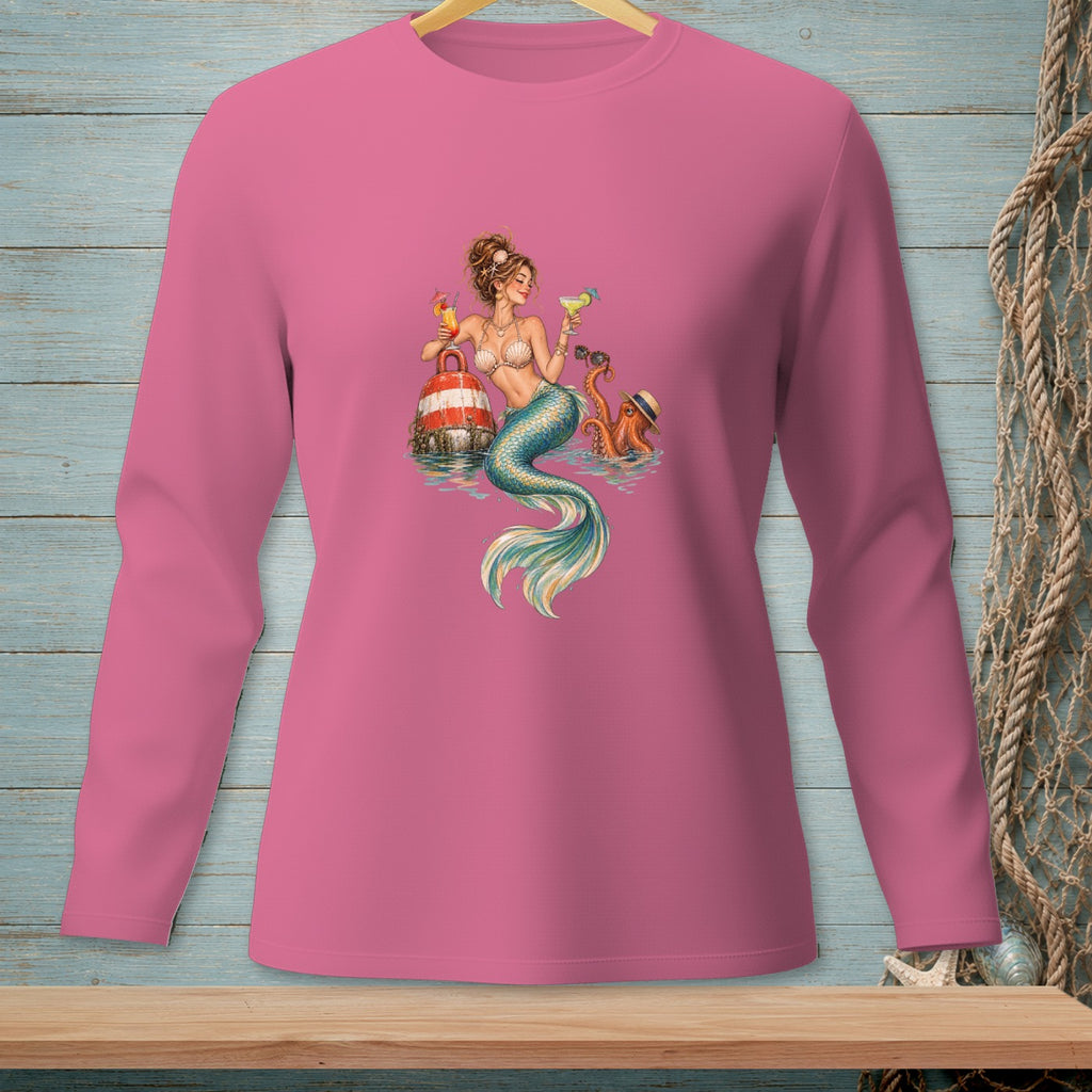 Pink long-sleeve shirt with a graphic of a mermaid holding cocktails with an octopus and buoy.