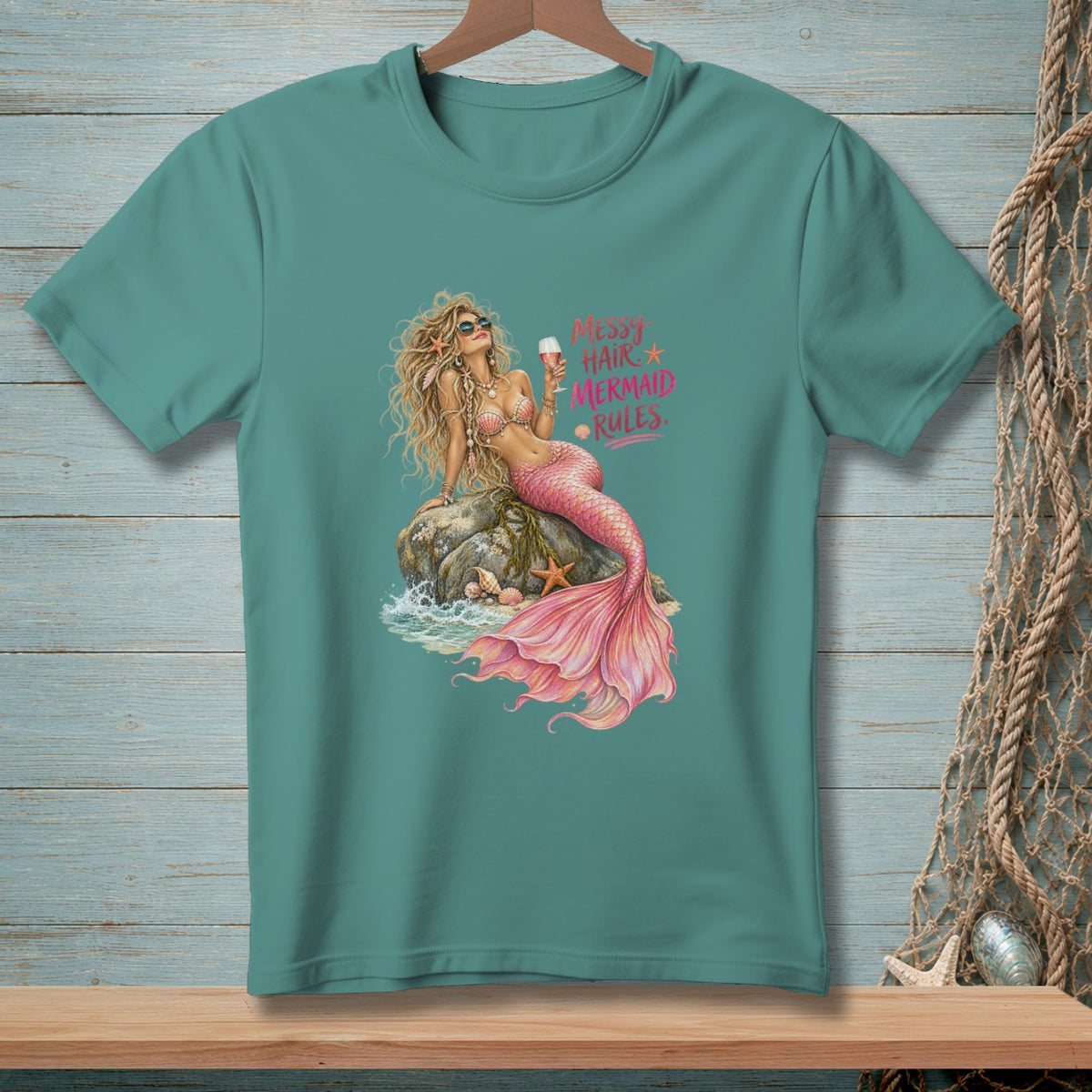 Mermaid with pink tail and sunglasses drinks wine, text reads "Messy Hair Mermaid Rules".