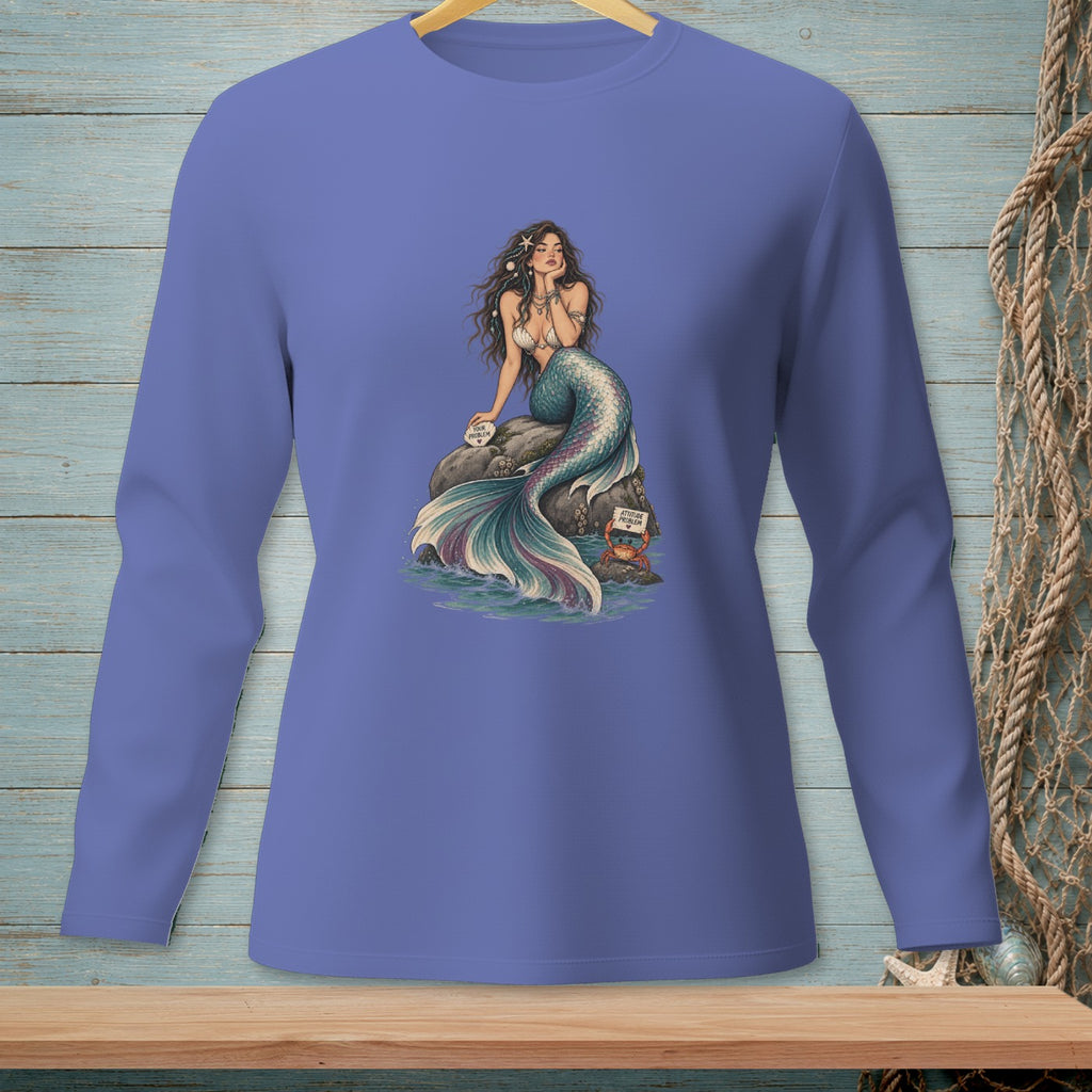 Long sleeve shirt with mermaid, crab, and "Attitude Problem" text.