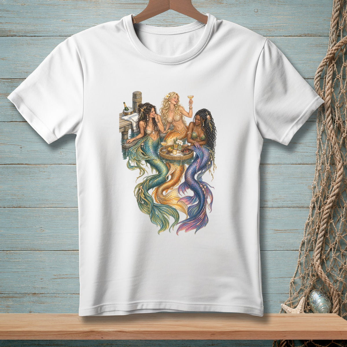 Three mermaids with colorful tails sitting on a dock with drinks and snacks.