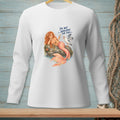 Long sleeve white shirt with a mermaid and seagull graphic and text.