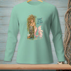 Mint long sleeve shirt with a mermaid graphic and text "BAD? THIS TOOK ALL TIDE."