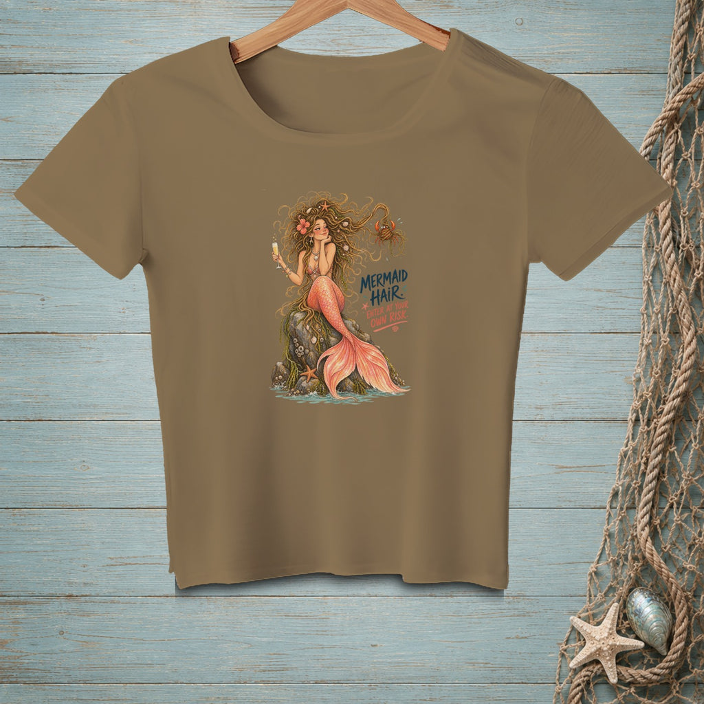 T-shirt with mermaid graphic and text: "MERMAID HAIR ENTER AT YOUR OWN RISK."