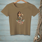 Brown t-shirt with illustration of a mermaid holding a pufferfish.