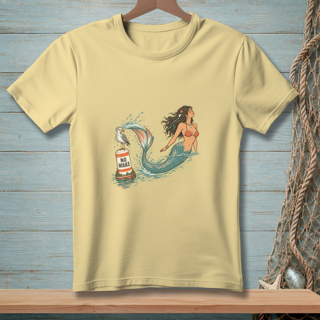 Pale yellow t-shirt with a mermaid and seagull on a buoy with "NO WAKE" text.