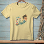 Pale yellow t-shirt with a mermaid and seagull on a buoy with "NO WAKE" text.