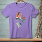 Purple t-shirt featuring a mermaid with drinks, a buoy, and an octopus.