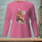 Pink long sleeve shirt with a mermaid, seagull, and text: "Don't judge my current situation."