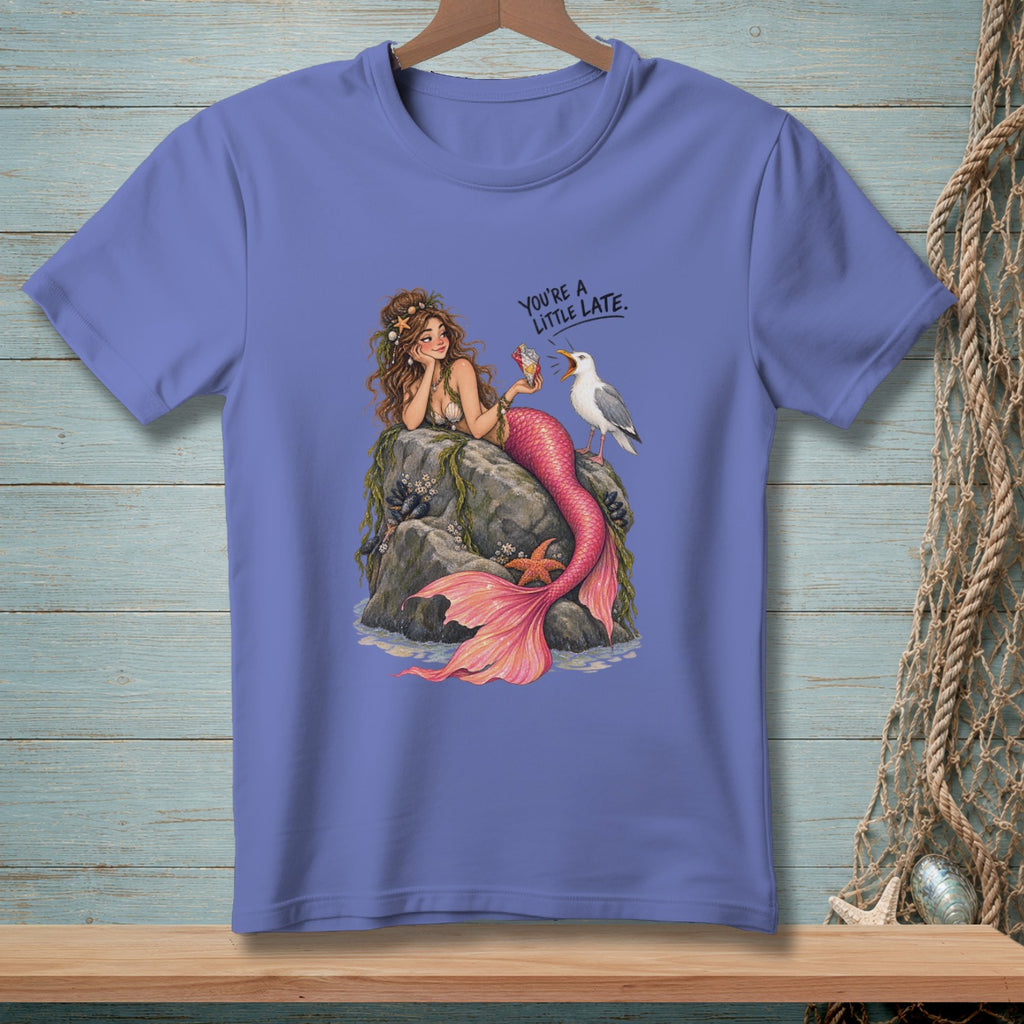 Mermaid holding ice cream next to a seagull with text "YOU'RE A LITTLE LATE."
