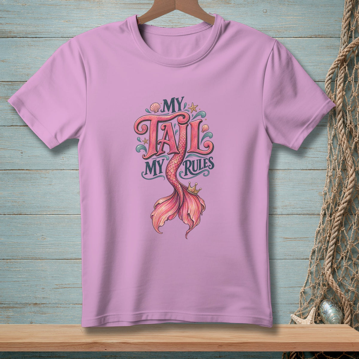 Pink t-shirt with "MY TAIL MY RULES" and a mermaid tail design.