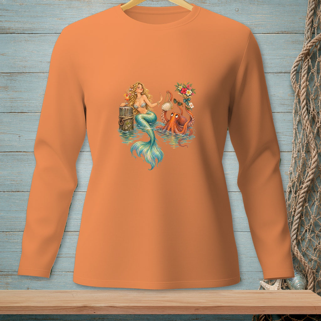 Mermaid and octopus friends with flowers and sunglasses on a long-sleeved orange shirt.