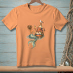 Mermaid with octopus and seagull on a buoy, holding drinks.