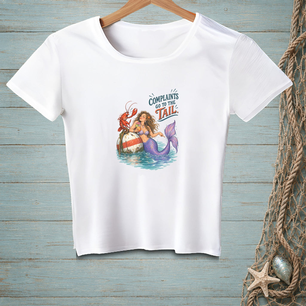 White t-shirt with mermaid, lobster, and text: "Complaints Go to the Tail."