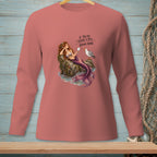 Salmon long-sleeve shirt with mermaid and seagull graphic reading "If you're going to yell, bring wine."