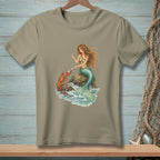 Mermaid sitting on a rock with a lobster, holding a pearl.