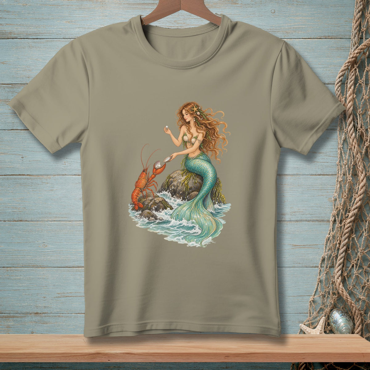Mermaid sitting on a rock with a lobster, holding a pearl.
