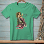 Green t-shirt with a mermaid artwork and text "Salty Hair. Fancy Drink."