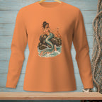 Mermaid with a crab and cocktail on a rock, with waves.